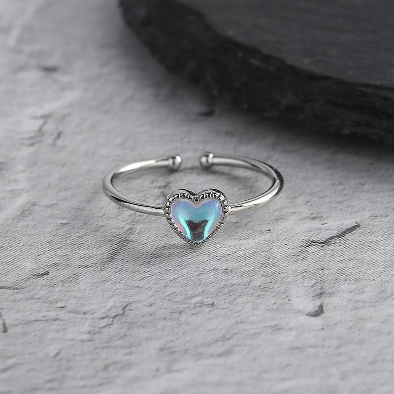 A Girl Colorful Aurora Moonstone Love Heart Rings for Women Heart-shaped Opening Finger Ring Fashion Jewelry A Girl Colorful Aurora Moonstone Love Heart Rings for Women Heart-shaped Opening Finger Ring Fashion Jewelry